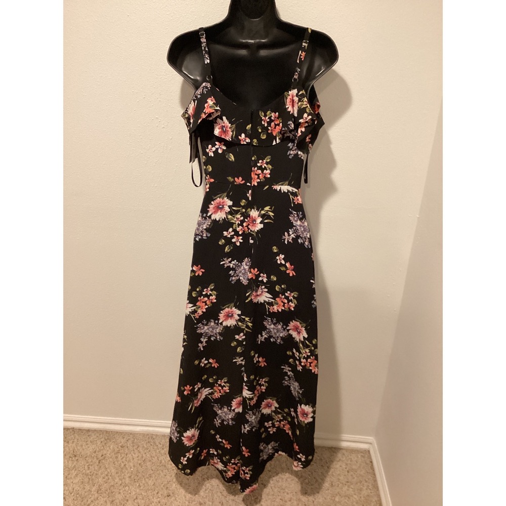 IZ Byer Black Floral Cold Shoulder Ruffle Maxi Dress Size 1 - Picture 7 of 9